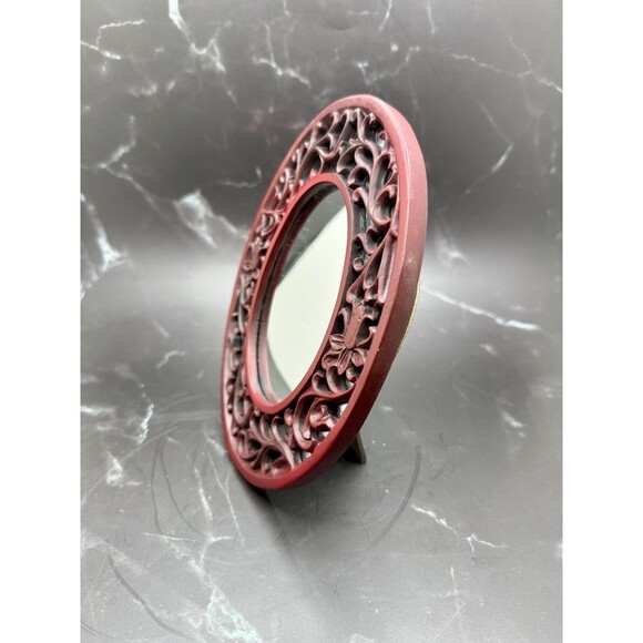 Vintage Ornate Carved Oval Faux Wood Framed Mirror 8" X 6.25" Stands - Picture 5 of 7